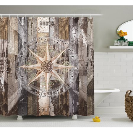 Wood Bathroom Set Marine Life Shower Curtain, Navy Sea Life Yacht Theme Colored Wood Backdrop Rudder like Compass Marine Image, Fabric Bathroom Set with Hooks, Brown, by Ambesonne ()