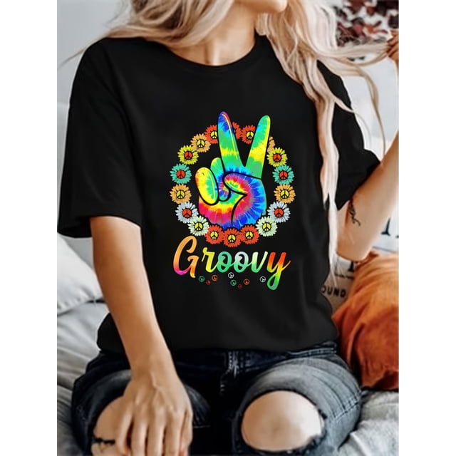Camiseta para mujer con estampado "Guirnalda de manos de Bieber", estilo retro sencillo, informal y cómoda, deportiva, de manga corta y cuello redondo.