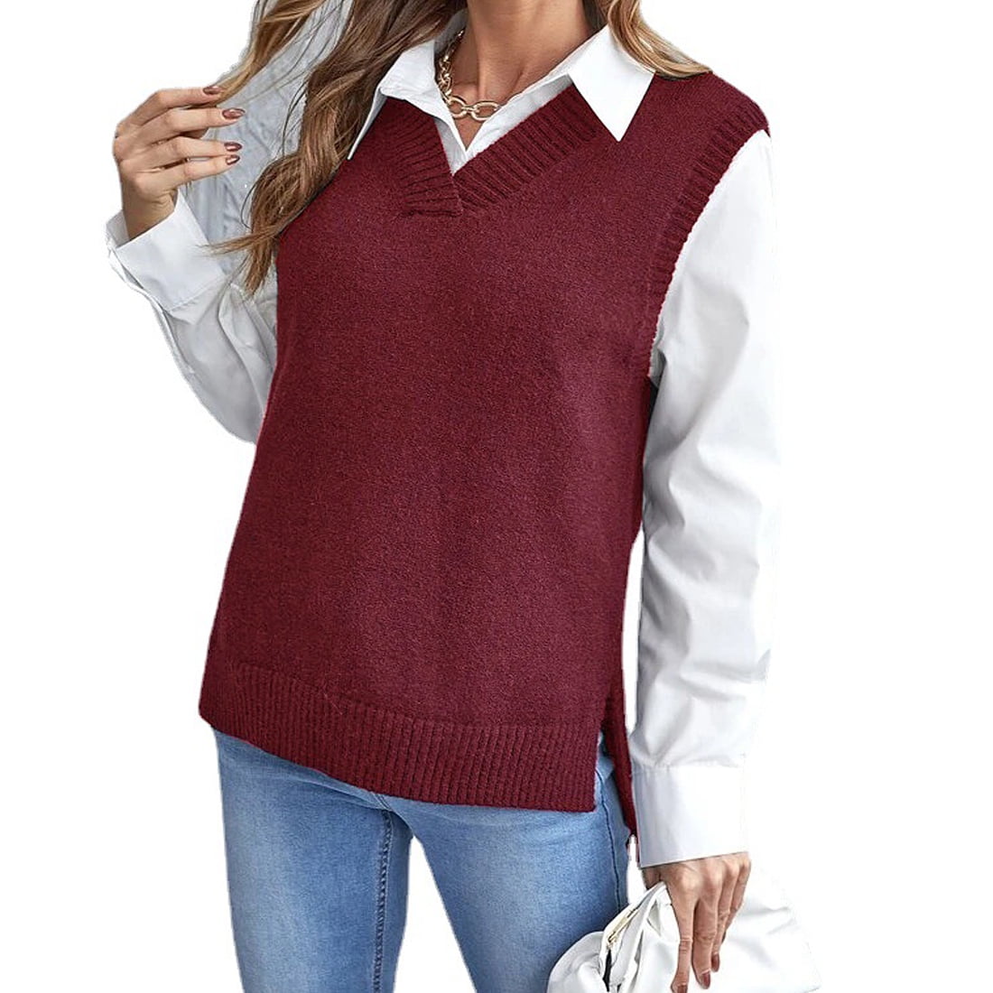 Hanerdun Women Female Solid Knit Sleeveless Pullover Sweater Vest Dark Red  L - Walmart.com