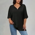 thumbnail image 2 of ABATAB Women Plus Size Cotton Linen Shirts Casual Lightweight Solid Color Tee Blouses Loose Fit Half Sleeve Collared Vacation Tops(X-Large,Black), 2 of 7
