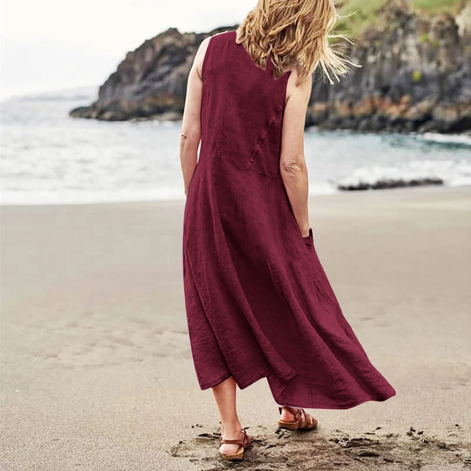 Lodgix Women Sleeveless V Neck Tunic Boho Maxi Dress Casual Summer Modest  Long Flowy Beach Vacation Sun Dresses Wine-M - Walmart.com