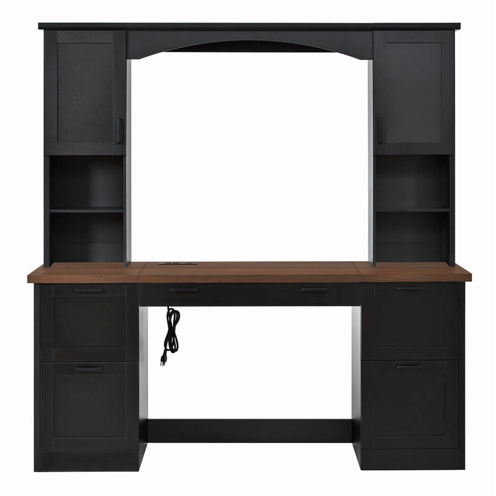 Howcool 68.6"H Farmhouse Arched Computer Desk with Hutch, Workstation with Built-In Charging Station, Keyboard Tray, All-in-One Writing Desk with File Drawer for Home Office