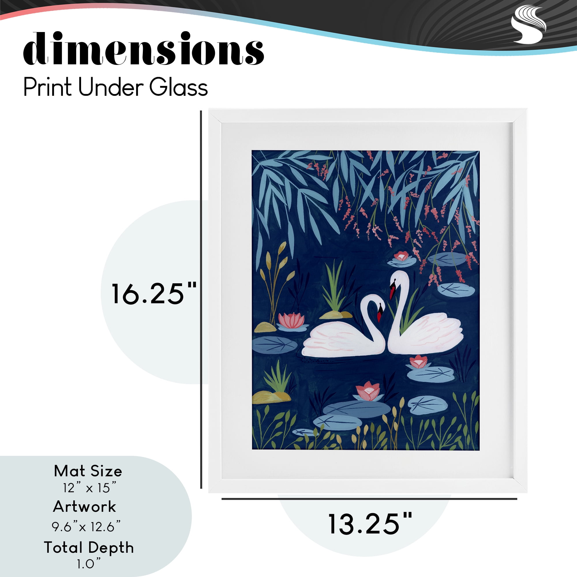 Swan Pair on Blue Pond White Framed Print Under Glass, design by Nabeela Rumi