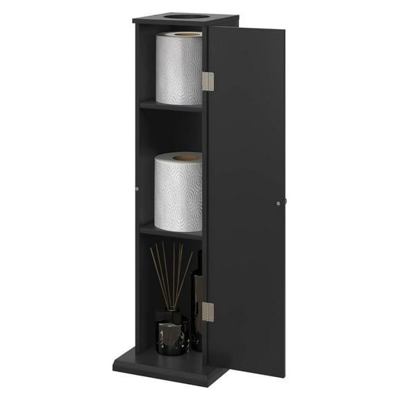 Small Toilet Paper Cabinet, Black Bathroom Corner Storage - w/ Shelves & Door