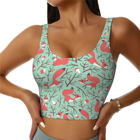 Adobk Autumn Branches Fox and Mushrooms Print Sports Bras for Women Longline Workout Crop Tank Tops Padded with Built in Shelf Padded Sports Bra-Small