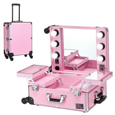 makeup case pink rolling train light artist organizer wheeled costway studio pro cases walmart