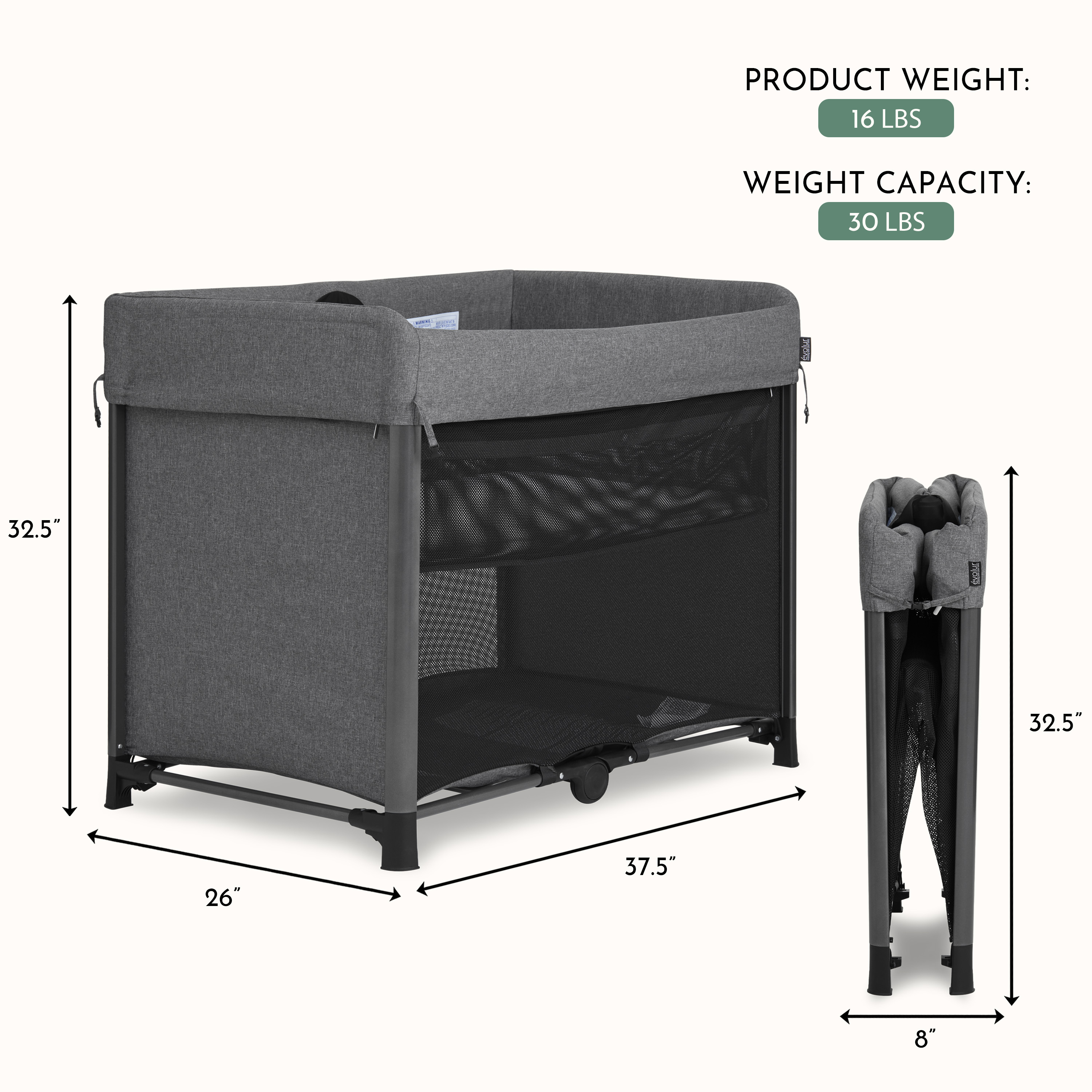 Evolur Zane Portable Playard with Bassinet Gray, Quick and Easy to Fold Baby Playard, Includes Thick Foam Mattress Pad with Removable & Washable Cover