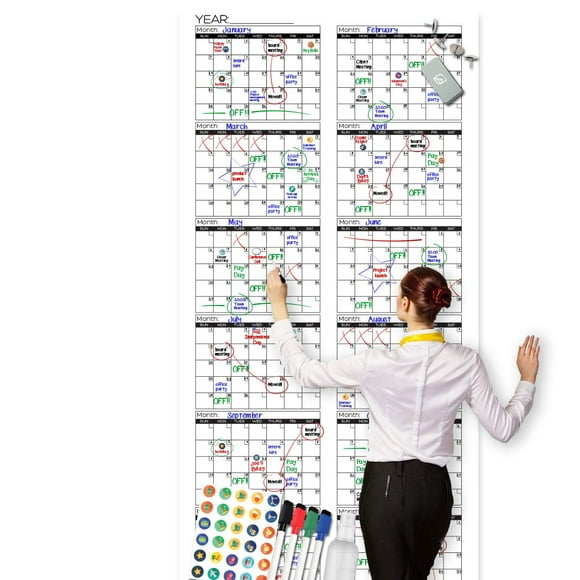 Grand Calendrier Mural Effaçable à Sec - Calendrier Annuel Géant Réutilisable Premium - Tableau Blanc Surdimensionné Planificateur Annuel 12 Mois Non Daté - 36"x72 Pouces