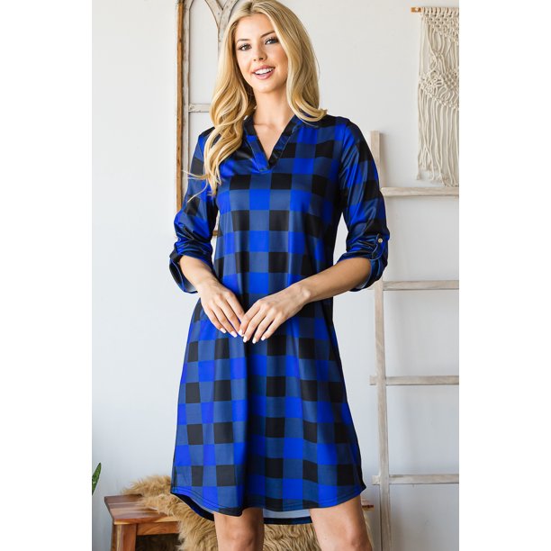 Haute Edition Women's 3/4 Plaid RollTab Sleeve Shirt Dress