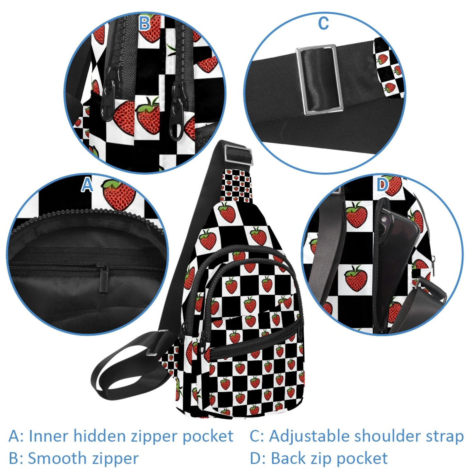 ERJLKXP Black and White Grid Strawberry Small Mens Women Crossbody Chest Bag, Travel Over Shoulder Sling Bag Backpack Men Side Bag,Daypack