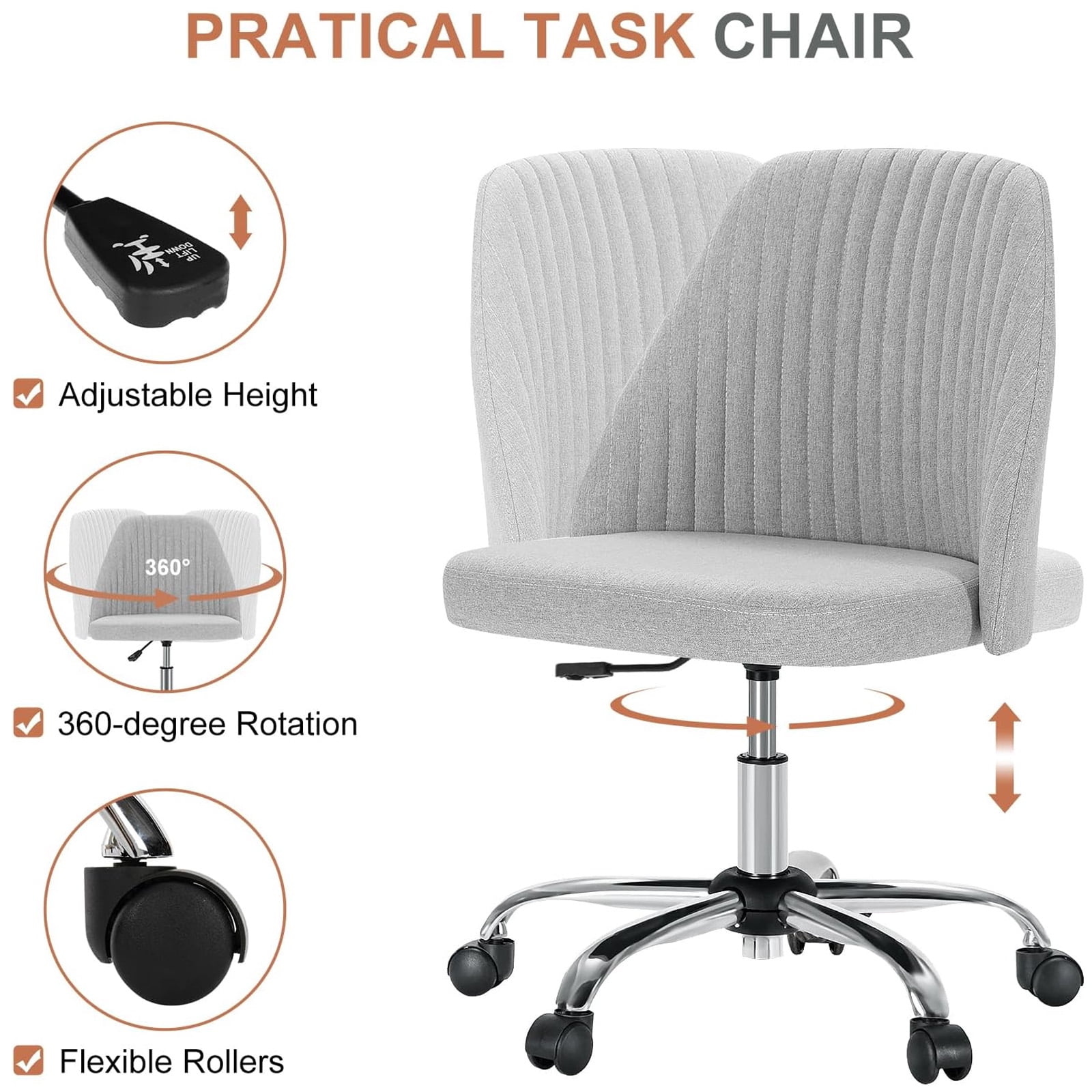 Casabay Armless Office Chair, Extra Cushion Padded Compact Upholstered Desk Chair with Back Support, Rolling Swivel Vanity Chair for Home Office, Gray