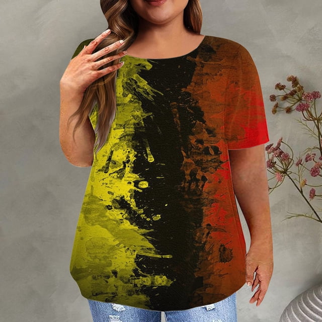 EGNMCR Hauts Grande Taille pour Femmes Décontractés à Imprimé Manches Courtes Col Rond Hauts Amples T-Shirt Blouse