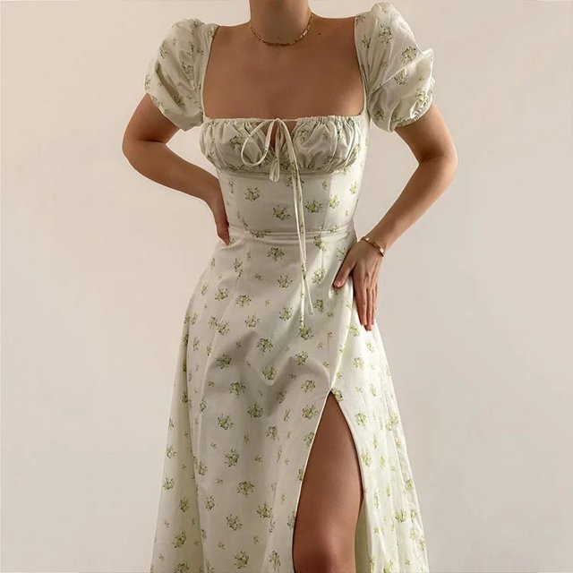 Nuevo vestido transfronterizo con estampado Floral para mujer, estilo francés, sin espalda, ajustado, con cuello Halter, largo hasta la rodilla, manga corta, cintura imperio