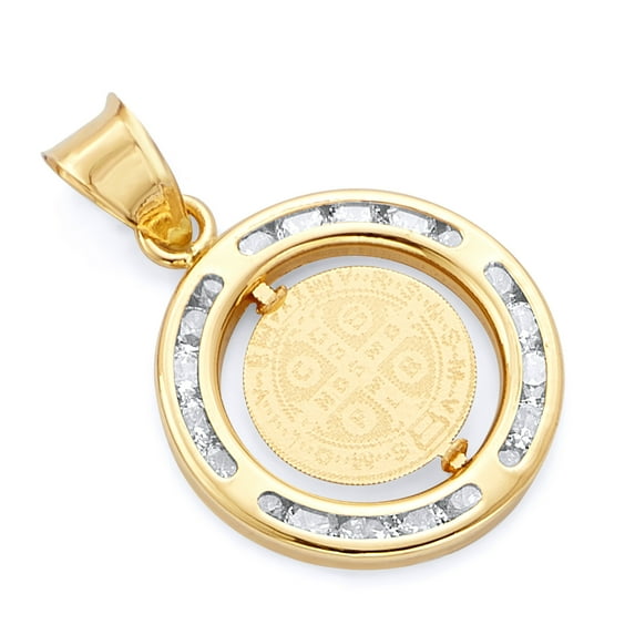 Wellingsale 14K Yellow Gold Polished Religious Double Sided St. Benedict Medallion Charm Pendant with CZ Accents