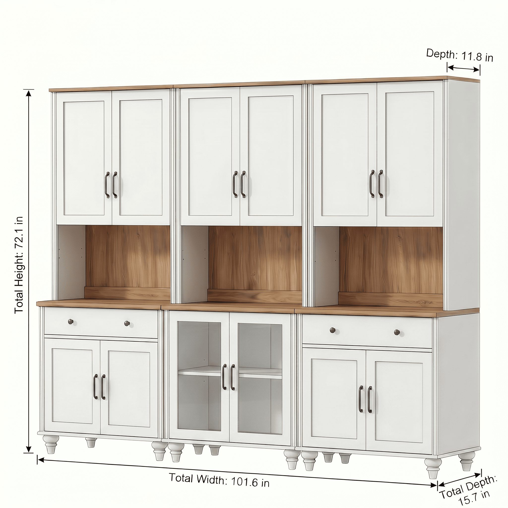 Sideboard Buffet Cabinet with Storage, 5-Tier Bookcase with Glass Doors with Ample Storage Cabinets, Large Library Wooden Bookshelves for Living Room, Office, Study Room, White, 72" H