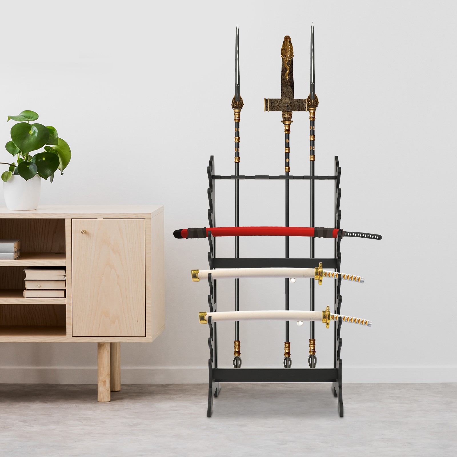 10-Layer Sword Stand, 5-Hole Katana Sword Display Rack, Black, Holds 10 Swords & Long Pole Weapons, 66lbs Capacity, for Home Dojo Weapon Storage & Decor