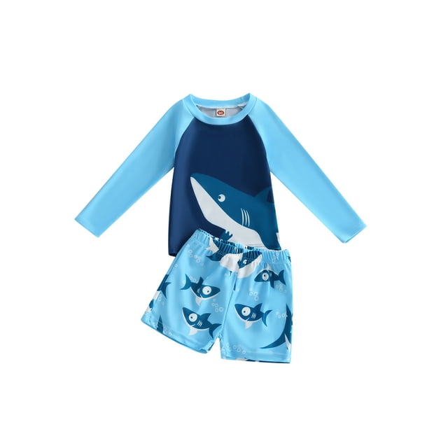HOANSELAY Kids Boys 2 Pieces Swimwear Set 2T 3T 4T 5T 6T 7T Shark Print Long Sleeve Tops Swim