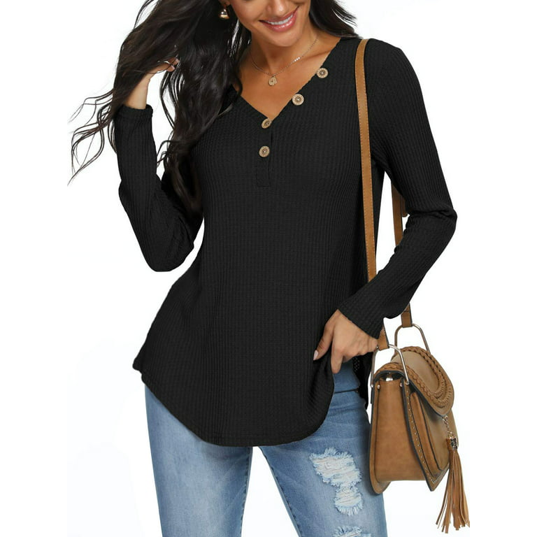 Women's Plus Size Waffle Knit Tunic Tops Loose Long Sleeve Button