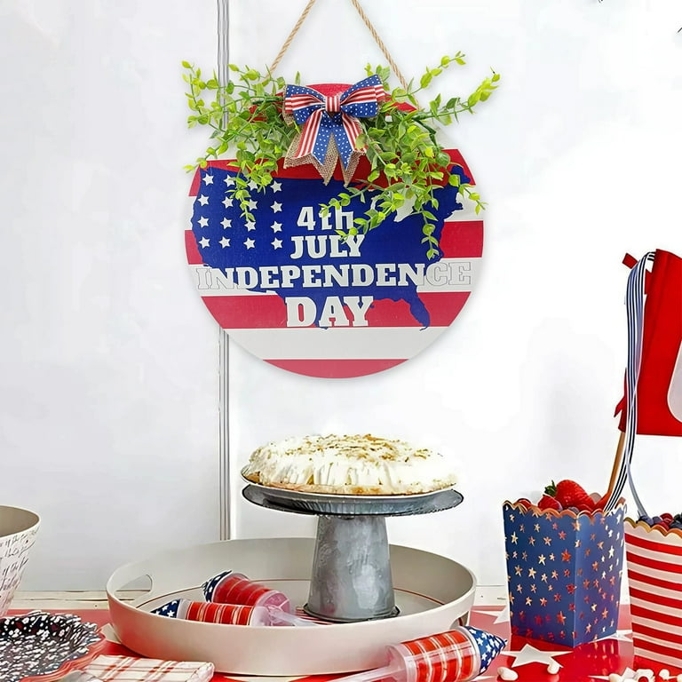 4th Of July Wooden Door Hanger Decor - Patriotic Wreath Sign For Independence Day, Memorial Day & Veterans Day