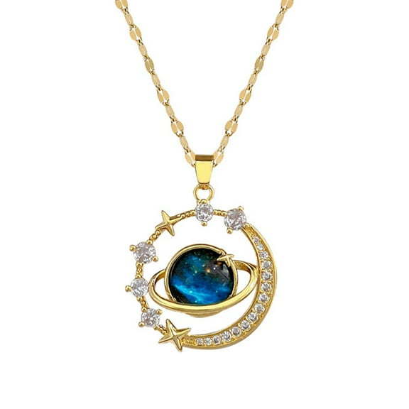 Yucurem Gold Plated Blue Zircon Saturn Pendant Necklace Celestial Moon and Star Space Planet Chain Elegant Night Sky Choker Gift for Women