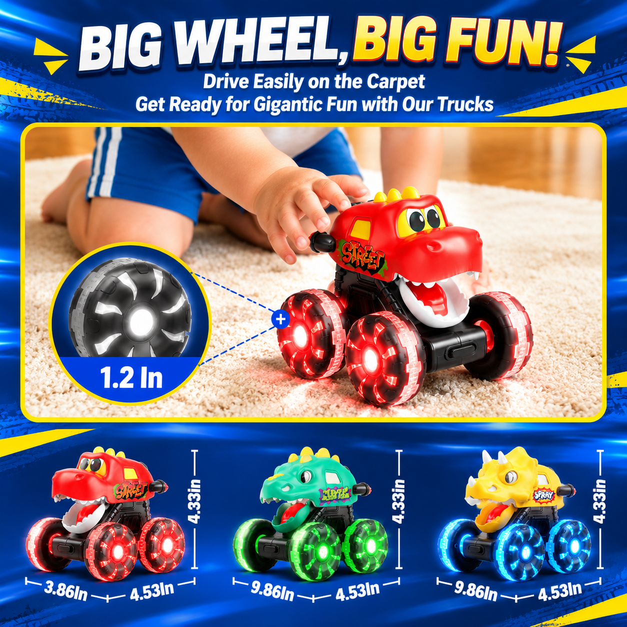 Dimoarch Dinosaur Trucks 3-Pack with LED Wheels for Toddlers photo 2