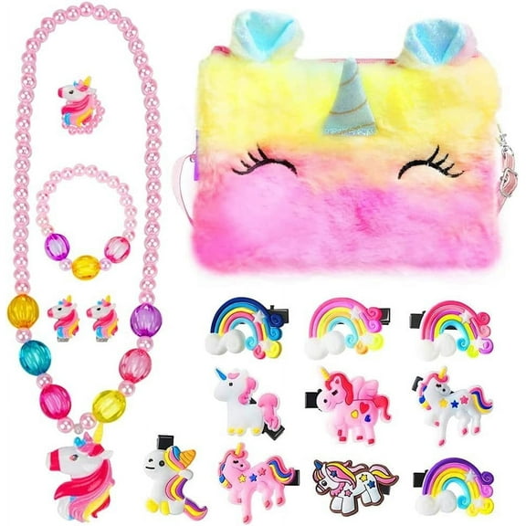 GEEKEO Unicorn Gifts for Plush Bag Jewelry Set with Rainbow Unicorn Hair Clips Necklace Bracelet Ring Earring for Dress Up