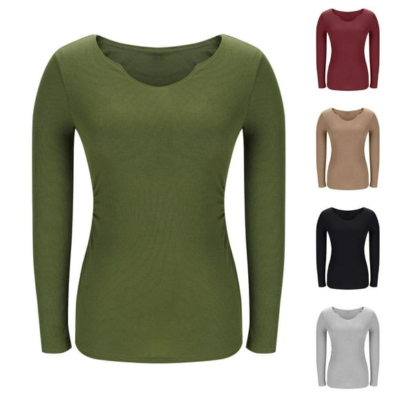 Olyvenn Women’s Cotton Knitted Notch V Neck Long Sleeve Fall Winter Ribbed Pullover T-Shirts Slim Fitted tops Black M