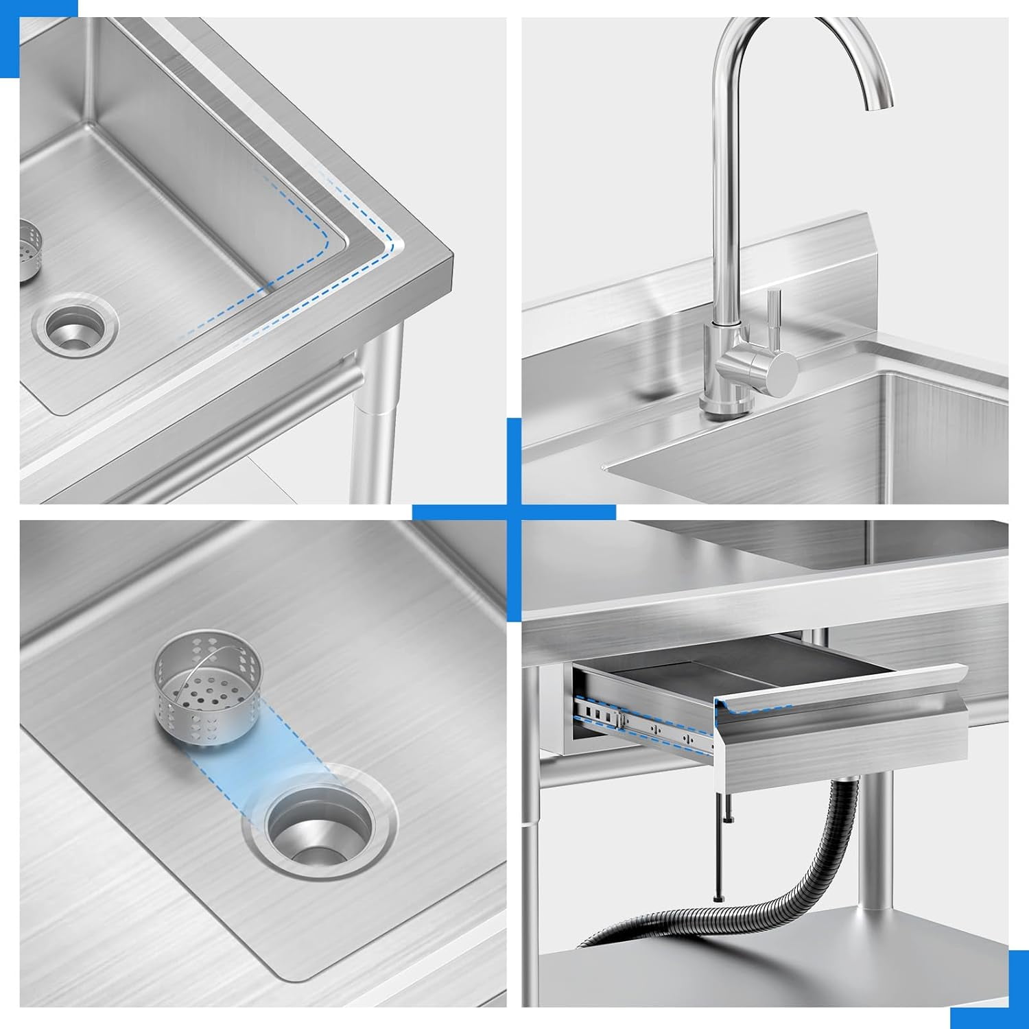 Stainless Steel Utility Sink Freestanding Single Bowl Laundry Sink With Hot And Cold Water Plumbing Workbench Drawers For Laundry Room Farmhouse Indoor And Outdoor Sink