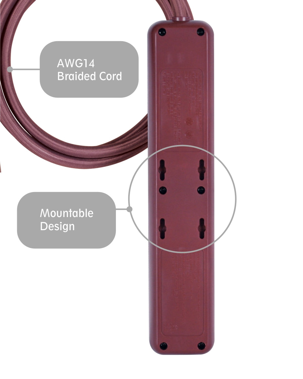 Mainstays 6' 14/3 SJT 3-Outlet Red Burgundy Retro Design Power Strip W/ 2 USB Ports