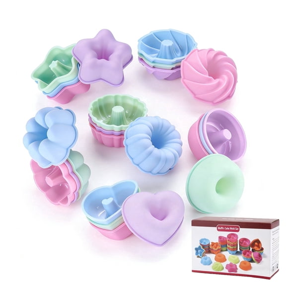 SUSWIM 24 Pack Single Silicone Donut Molds, ,color box packaging，6 Styles Silicone Molds for Baking Small Reusable Non-Stick Baking Cups for Donuts, Muffins, Cupcakes, Jellies, Bagels
