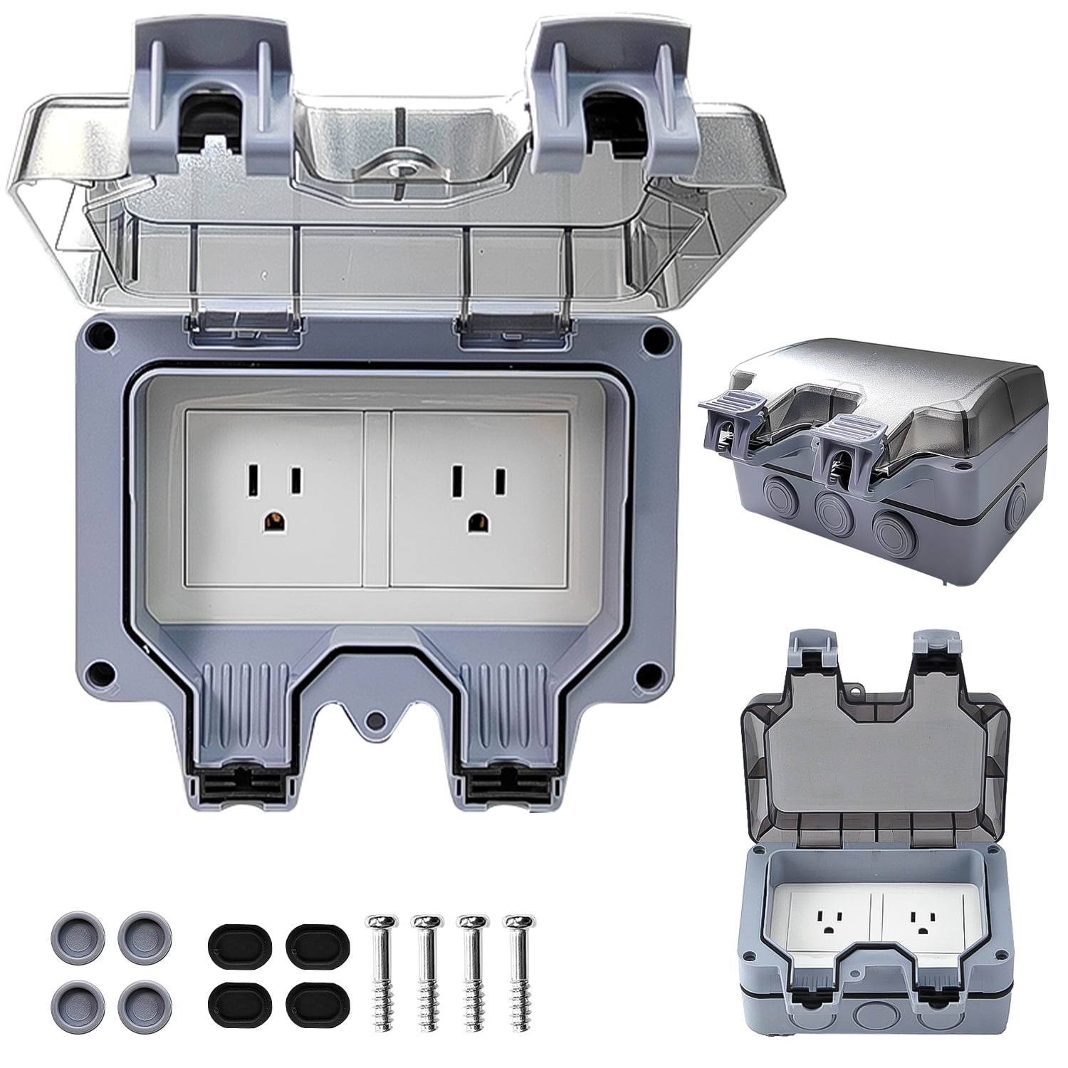 QIPUNEKY IP66 2-Gang Outdoor Electrical Outlet, 15A 110-250V Outdoor Socket with Weatherproof Outlet Cover