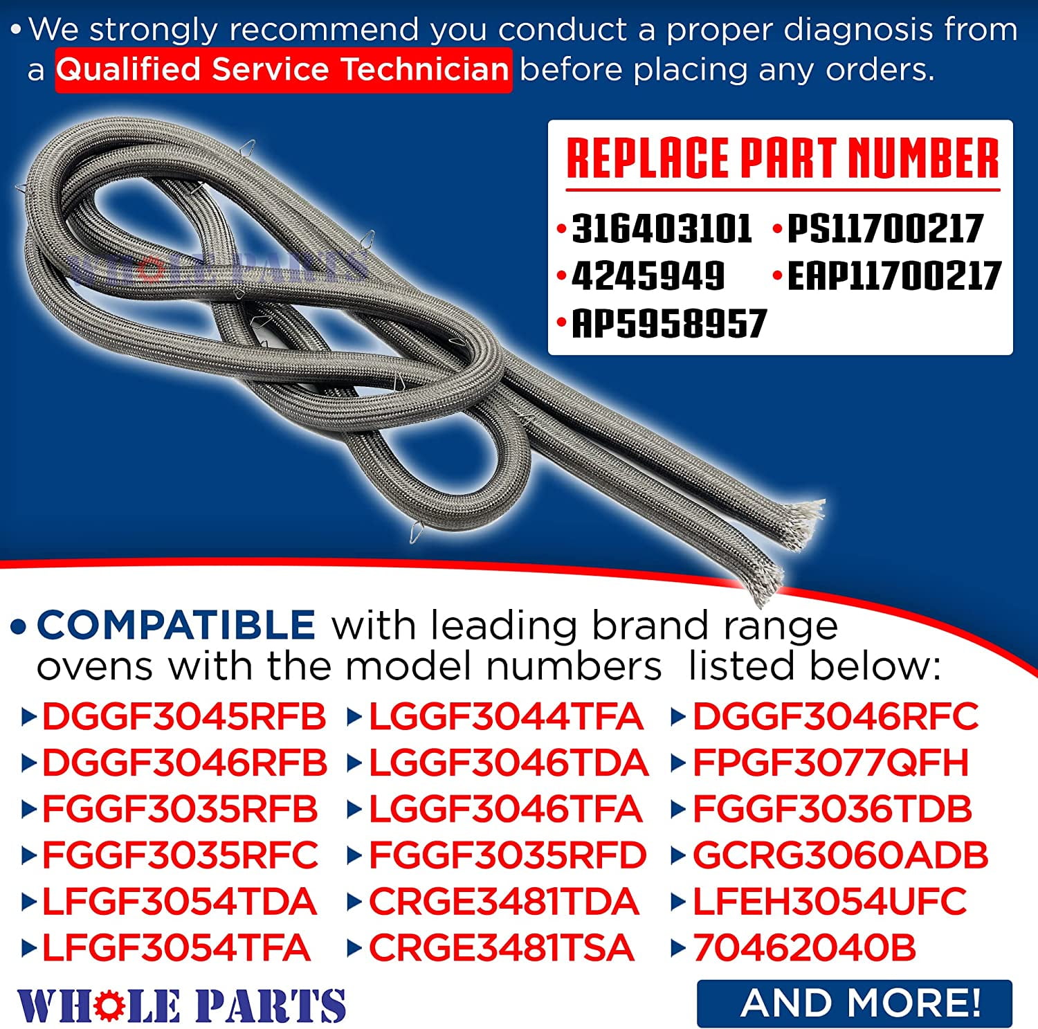 Whole Parts Range/Oven Door Seal Gasket (Including 16 Mounting Clips) Part# 5304498835 - Replacement & Compatible with Some Frigidaire, White Westinghouse and Kenmore Ranges or Ovens