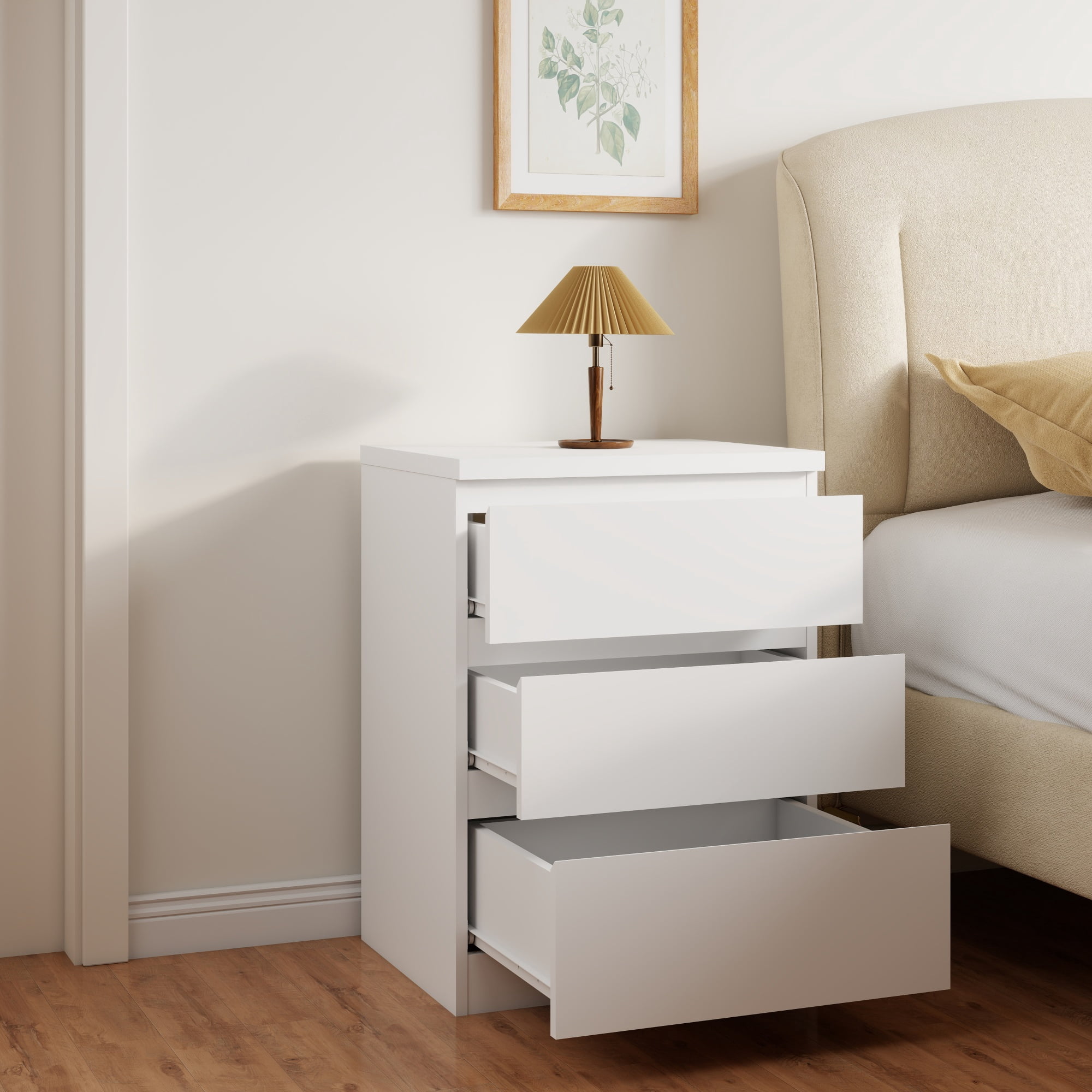 Leumius 19.7" Nightstand with 3 Drawers,Handle-Free Design,Thickened Top,Small Storage Cabinet for Bedroom/Living Room,White