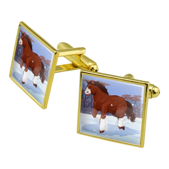 Clydesdale Horse Running in Snow Square Cufflink Set - Silver or Gold