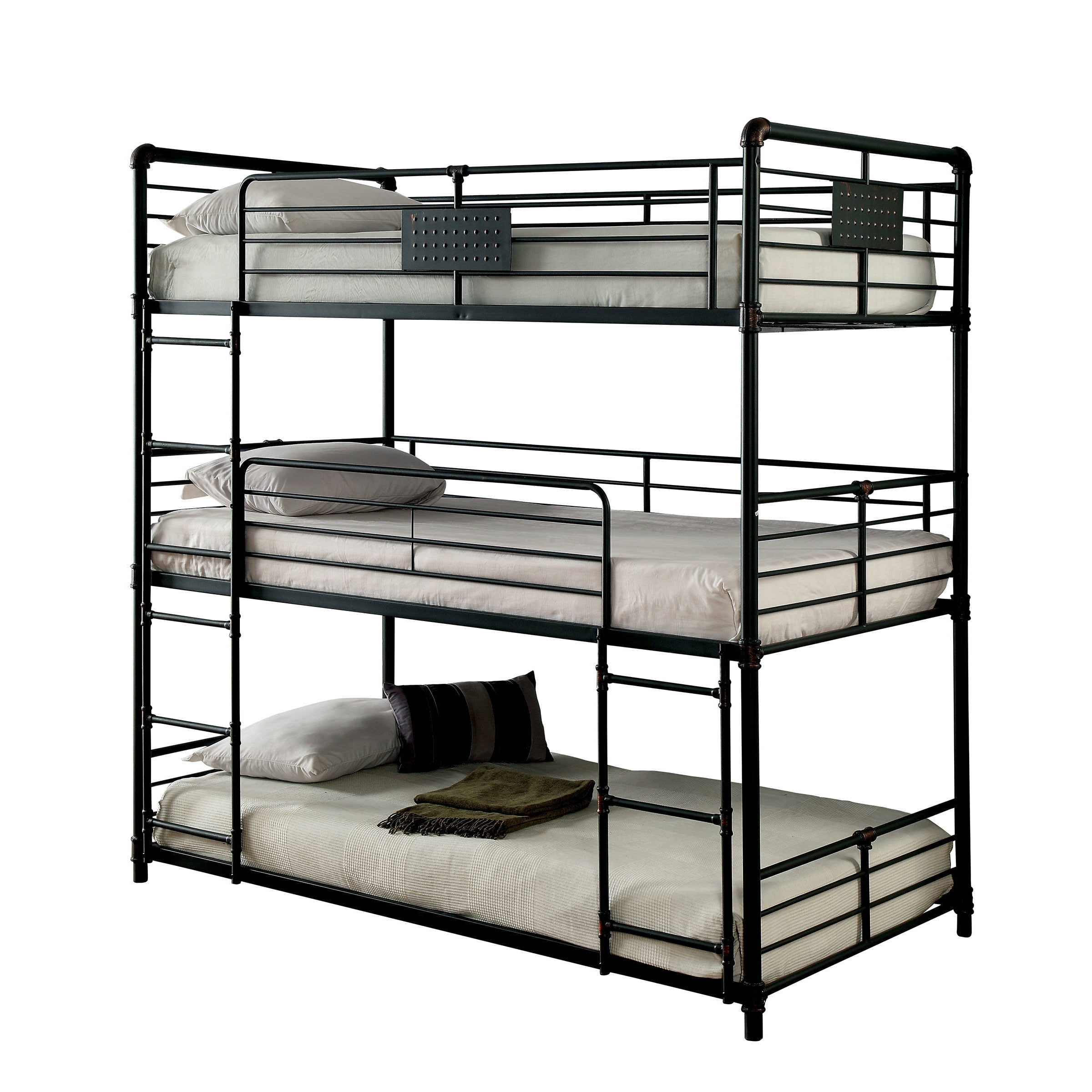 Industrial Style Full Triple Decker Bunk Bed with Ladder, Gray
