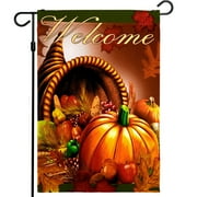 G128 Welcome Fall Garden Flag with Maple Leaf and Pumpkin Design, 12x18 in Block-out Fabric, Outdoor Autumn Yard Decoration
