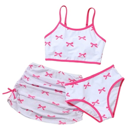 Rggeeun Toddler Girls Two Piece Swimwearo-Neck Sleeveless Top Swim Shorts With Mesk Skirts Bow Printing Three Pieces Of Swimming Set Light Pink 9-10 Years