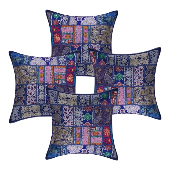 Stylo Culture Indian Cotton Home Decor Throw Pillow Sham Covers Dark Blue 18x18 Bohemian Vintage Patchwork Indian Couch Cushion Covers 45 x 45 cm Living Room Abstract Square Pillowcases | Set Of 4
