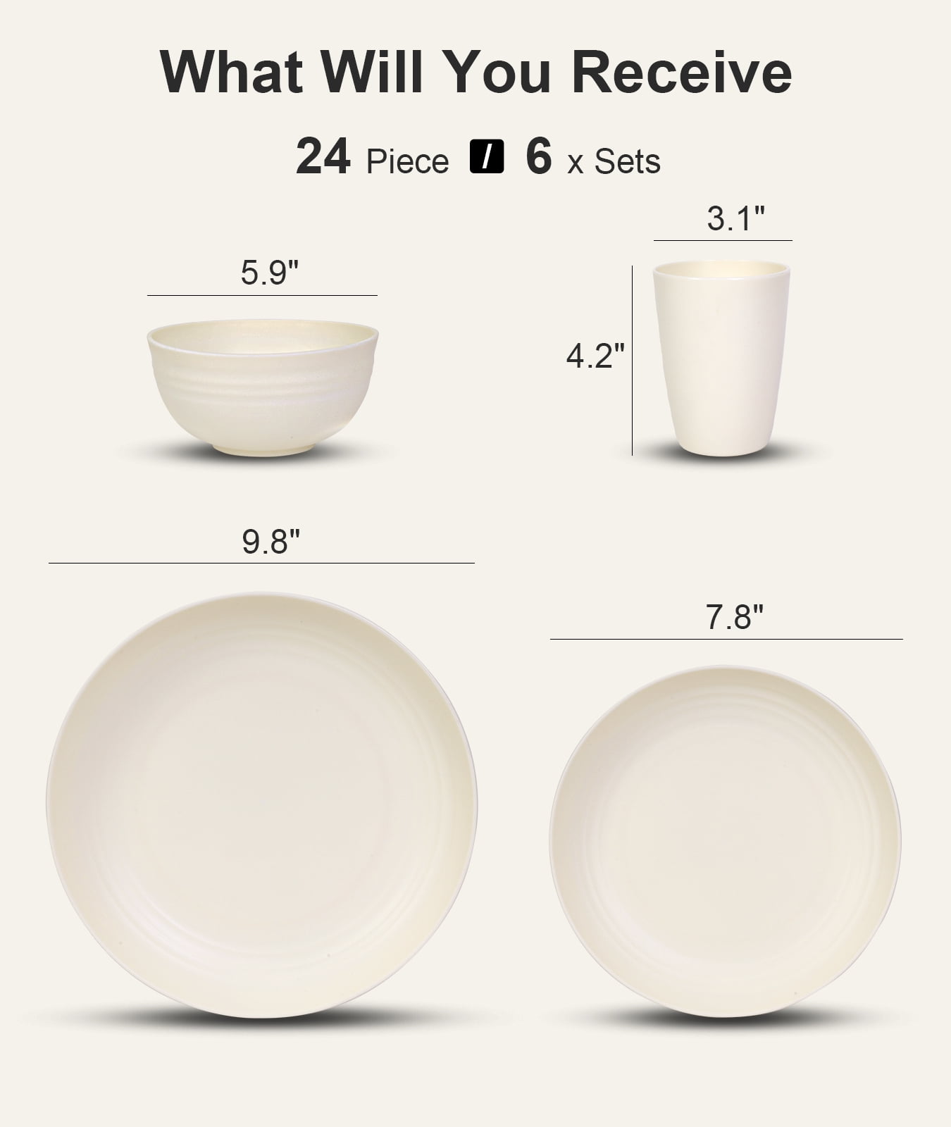 Quatish 24 Piece Plates and Bowls Sets for 6, Unbreakable Dinnerware Sets, Plastic Dish Set for Camping, Dishwasher Microwave Safe, Outdoor Kitchen and Apartment Dinning RV Essentials, Beige