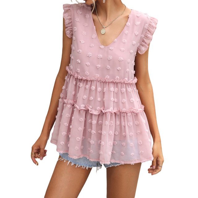 SAYOO - Chaleco holgado con volantes y plisado con cuello en V para mujer, informal, sin mangas, a la moda SAYOO Estilo de ocio