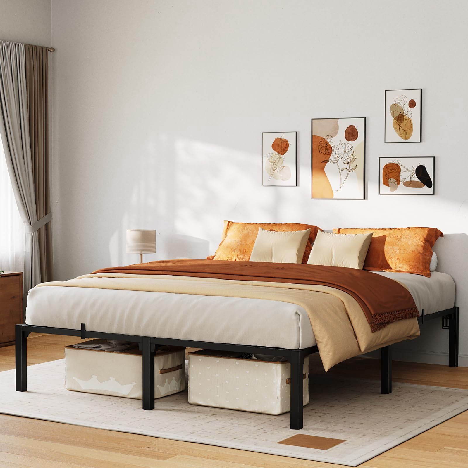 Heavy-Duty Full Size Metal Bed Frame - Reinforced Platform with 16 Inch Steel Slat Base, No Box Spring Needed, Tool-Free Screwless Assembly, Full size, 16inch height