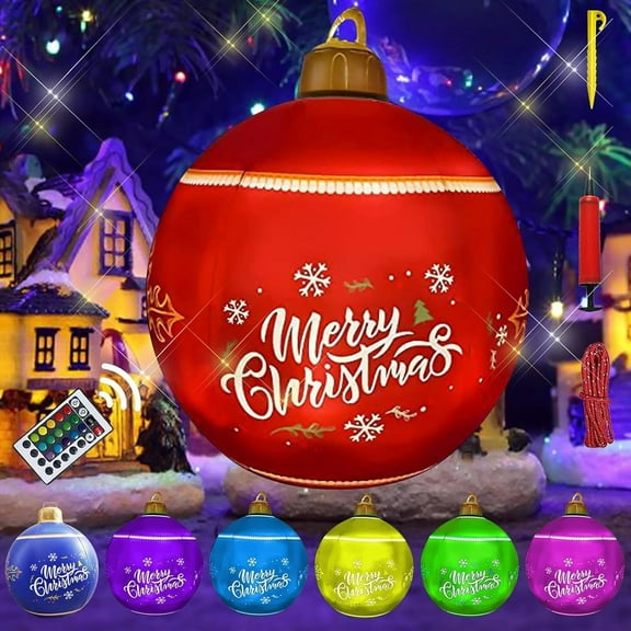 Inflatable Christmas Baubles 60cm, Illuminated Christmas Bauble Outdoor Christmas Baubles Large with Large LED Light Remote Control Floor Nail Rope and Air Pump for Garden Courtyard Outdoor