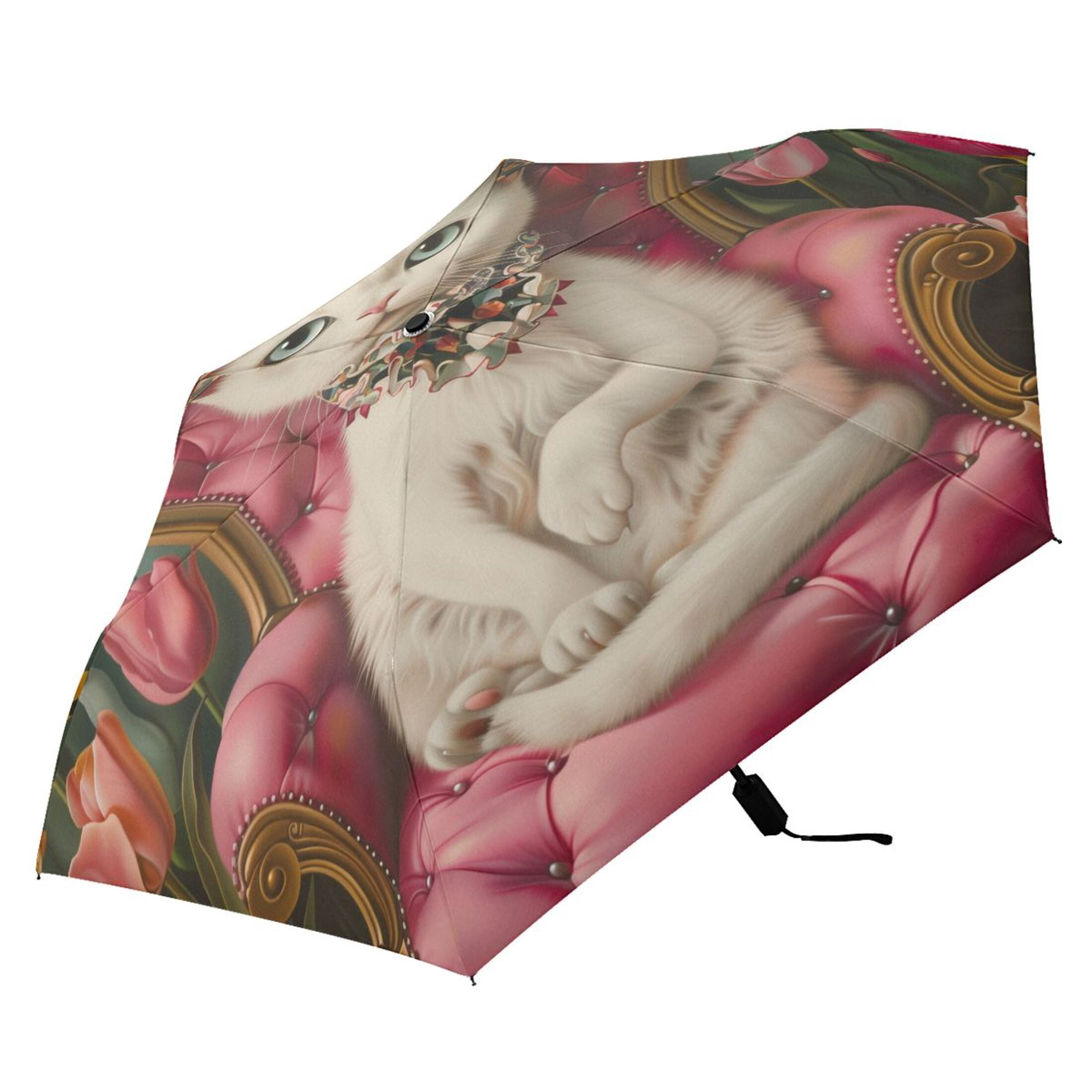 Compact Sun Umbrella Windproof Travel Umbrellas for Rain Strong Portable UV Protection Elegant Cat and Tulip Flower
