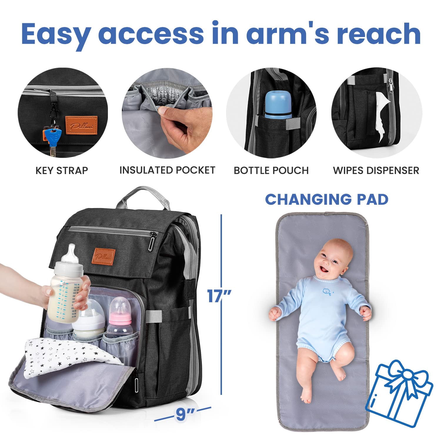PILLANI Baby Diaper Bag Backpack - Large Bag for Boys & Girls, Waterproof Diaper Backpack - Travel Diaper Bags w/Changing Pad, Baby Registry Search & Shower Gifts - Essentials Must Haves Newborn Stuf