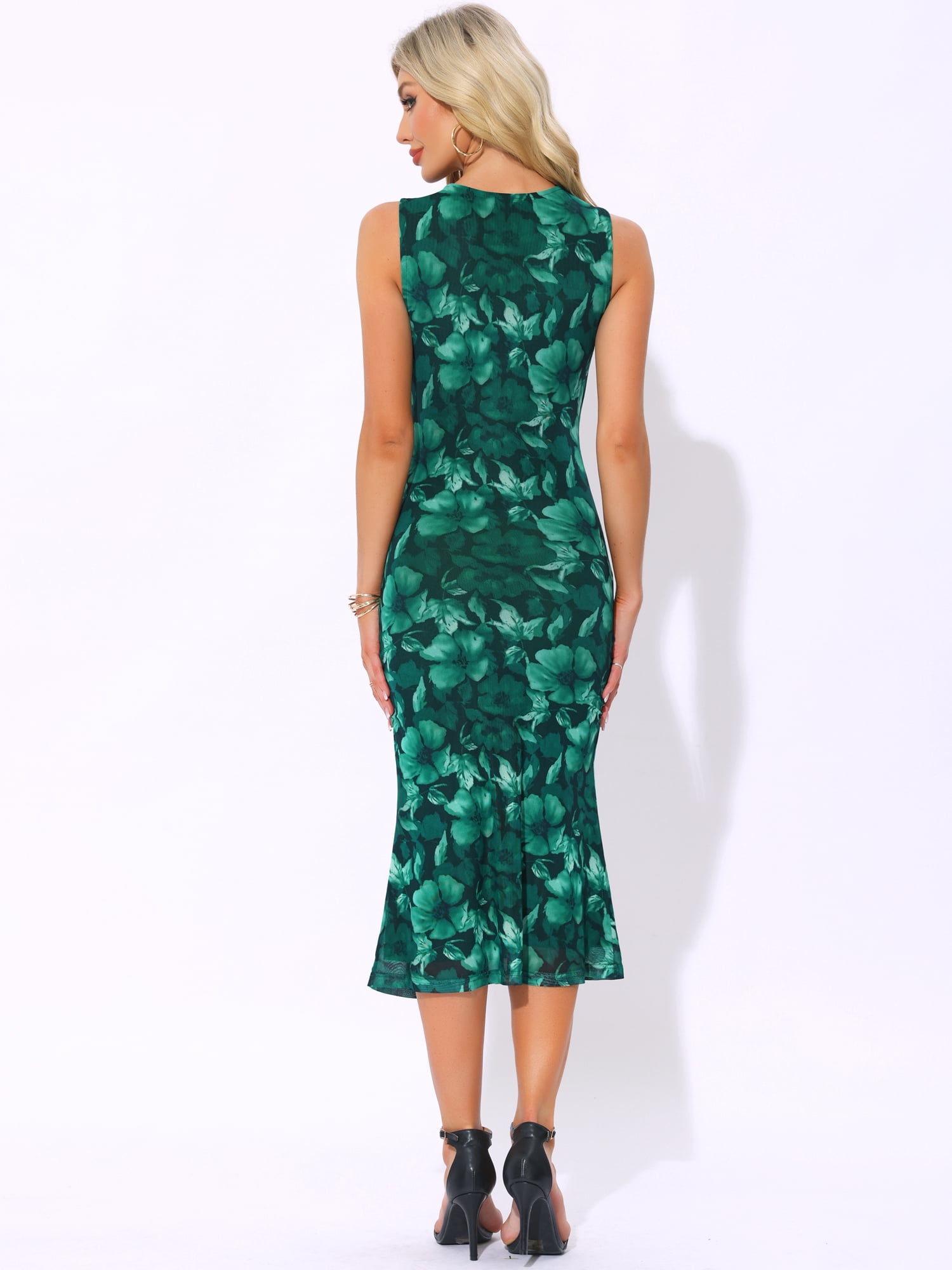 DARING DIVA Mesh Floral Sleeveless Crew Neck Cocktail Midi Dress L Dark Green