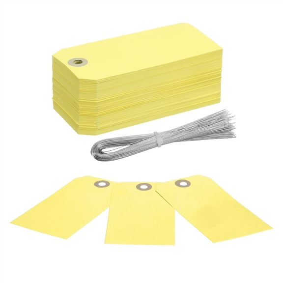 Uxcell 200Pcs Hang Tags, Tags with Wire String Paper Blank Labeling Tags Writable Making Tags for Luggage Clothes Wine Bottle(4.76" x 2.36", Lemon Yellow)