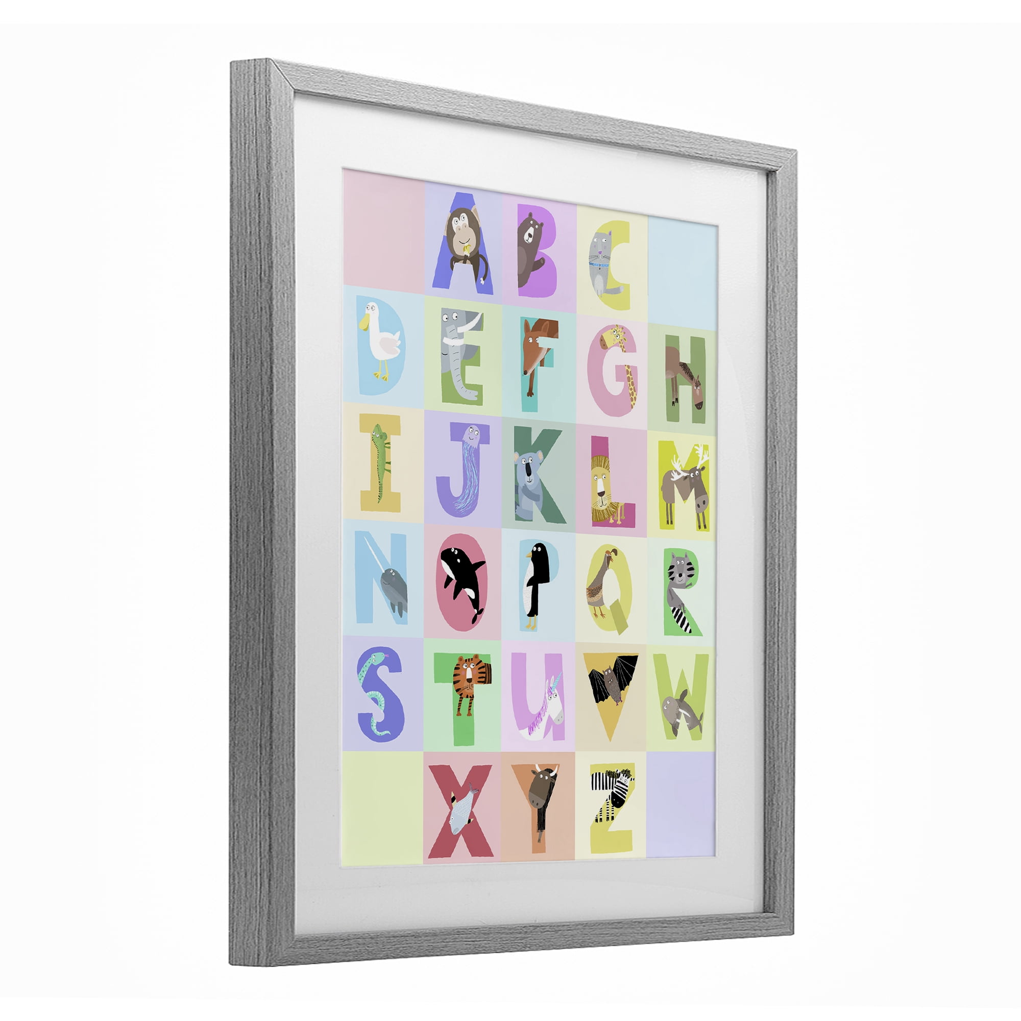 Stupell Industries Animal Alphabet in Pastels Gray Framed Print Under Glass, design by Carla Daly