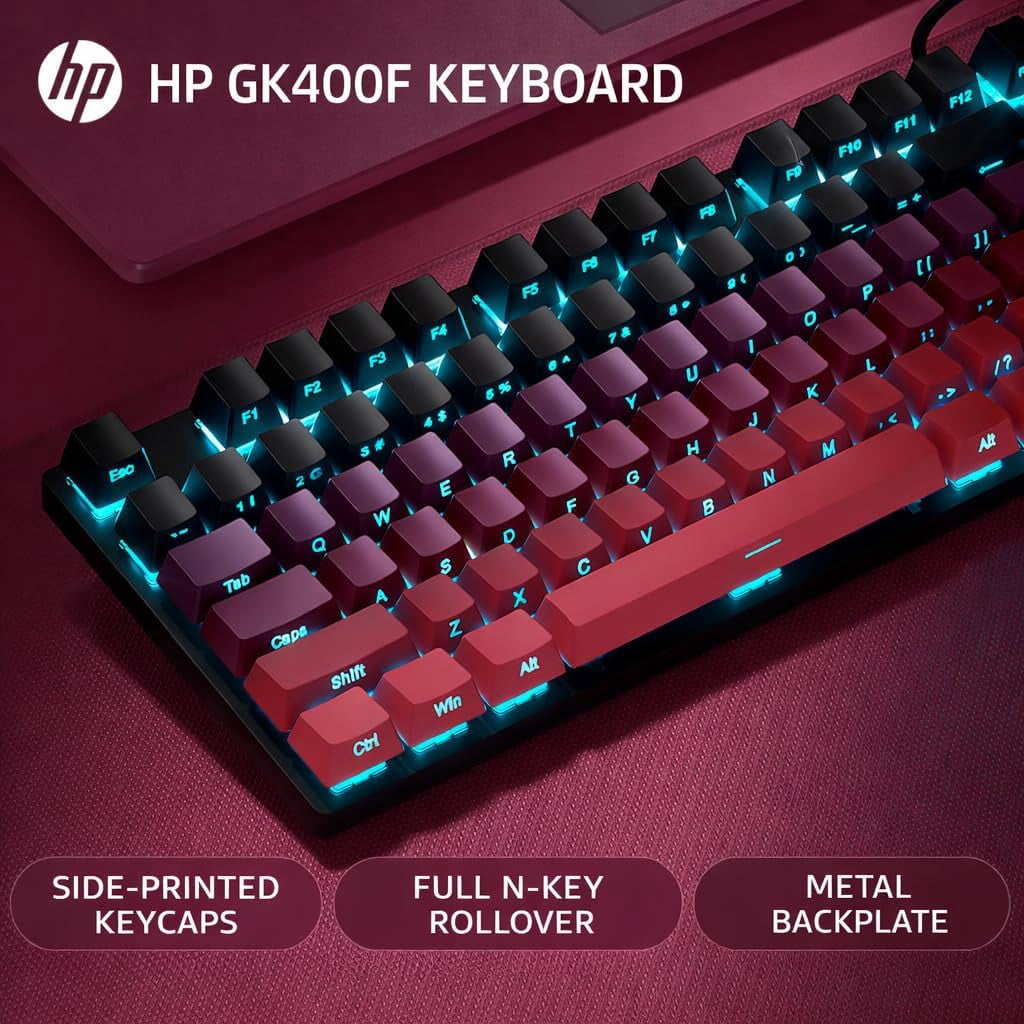 HP GK400F Wired Mechanical Keyboard – 104-Key Brown Switches, USB Connection, Dual-Use for Office & Gaming, Black/BlackBerry Pink, Side-Printed Keycaps