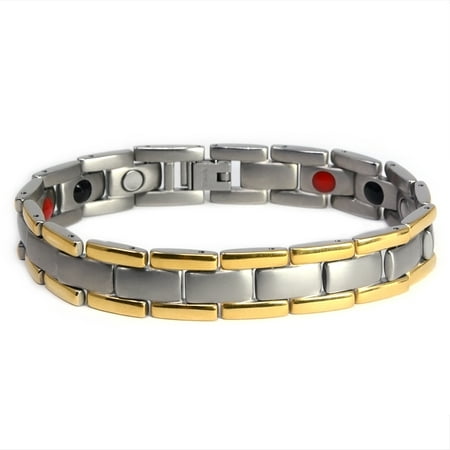  Men's Quad-Element Satin Titanium Magnetic Bracelet With Gold Accents - 12,800 Gauss B430J