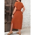 thumbnail image 2 of Rust Brown Plus Size Summer Dress With Short Sleeves, Waist Tie, And Side Slit, 2 of 6